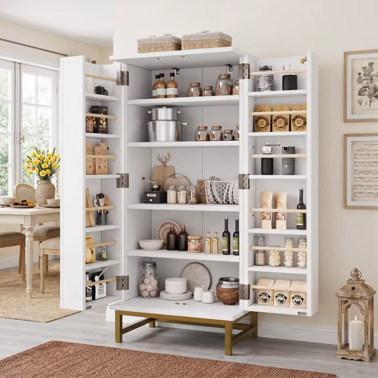 Armadi da cucina Flieks da 130 cm con ripiani interni regolabili, mobili contenitori, credenza da 60x40x130 cm, colore bianco e oro