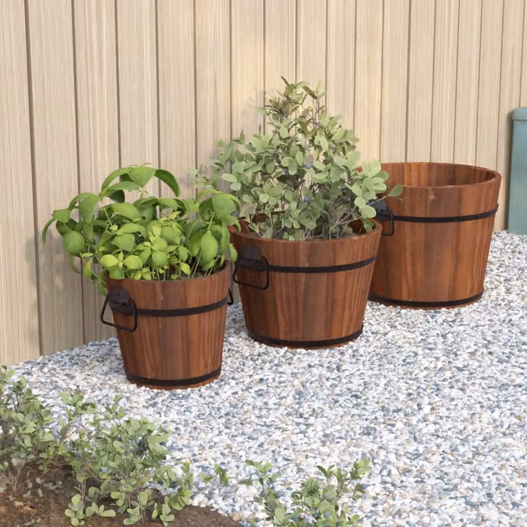 Set di 3 vasi per fiori vidaXL in legno di abete e metallo, disponibili nei colori nero o marrone, con dimensioni: H 35 cm, L 45 cm, P 35 cm