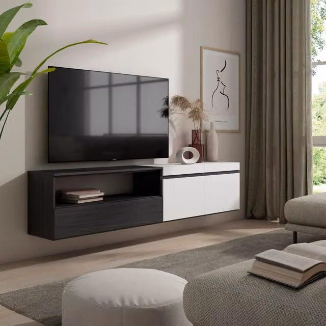 Mobile TV, 200x35x45cm, soggiorno, Per TV fino a 80", da appendere, Bianco e nero RF2162