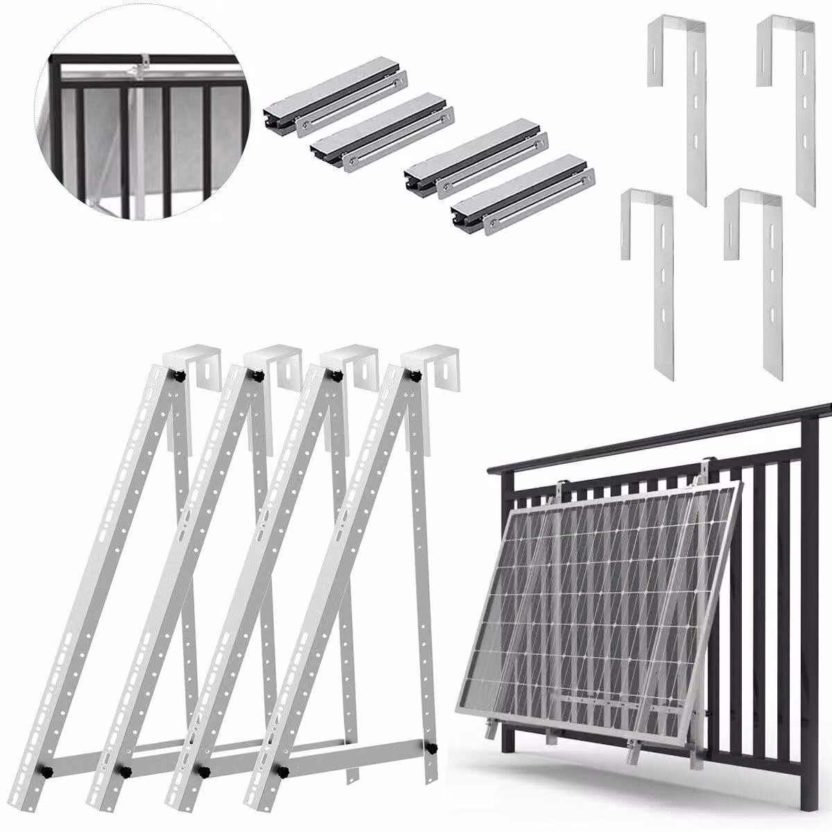 Supporto per impianto solare da balcone, 118 cm, per 2 pannelli solari. Supporto regolabile per pannelli fotovoltaici da installare su balconi, con angolo di inclinazione regolabile da 0° a 90°