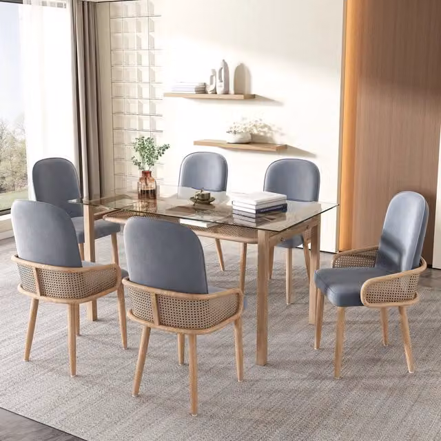 Sedie da Pranzo in Velluto Set 6 Pezzi ¨C MINIMAL ¨C Gambe in Metallo Effetto Legno, Grigio
