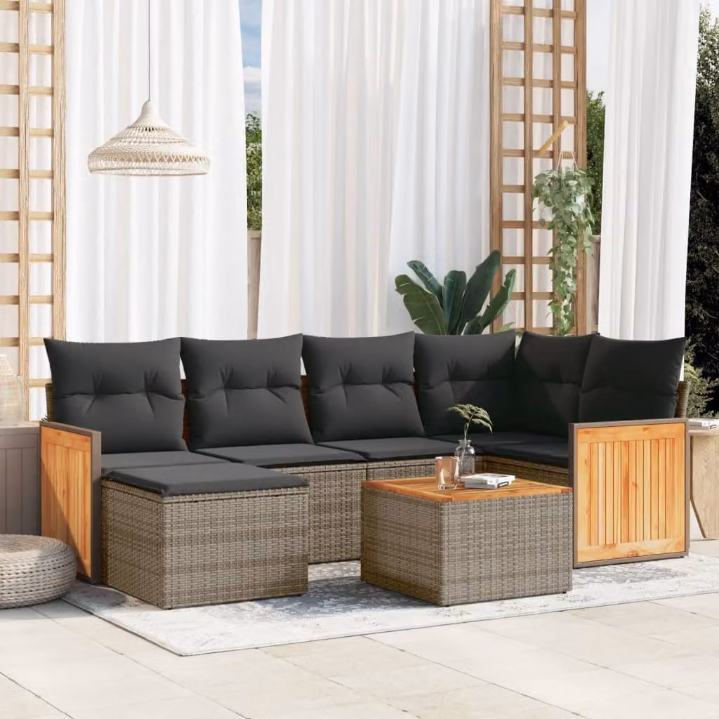 Set Divani da Giardino vidaXL 7 pz in Polyrattan Grigio con Cuscini e Tavolino da Esterno a Forma di L – 1