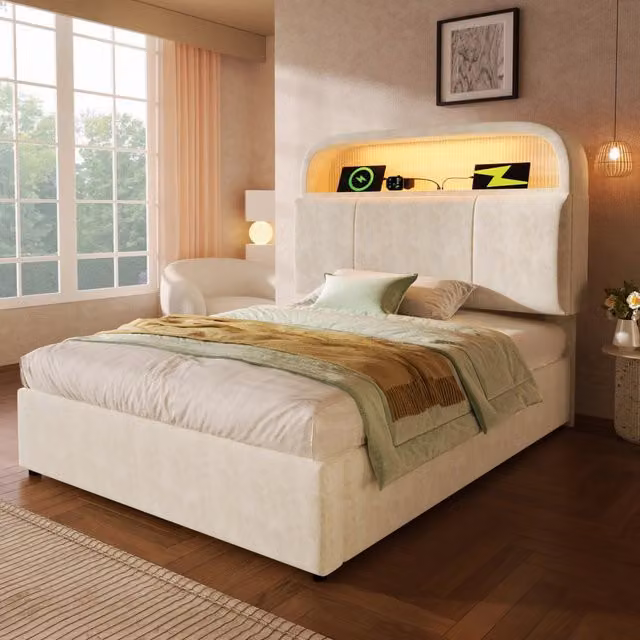 Letto singolo imbottito 90 × 200 cm con contenitore idraulico velluto beige LED USB Type-C rete e materasso inclusi