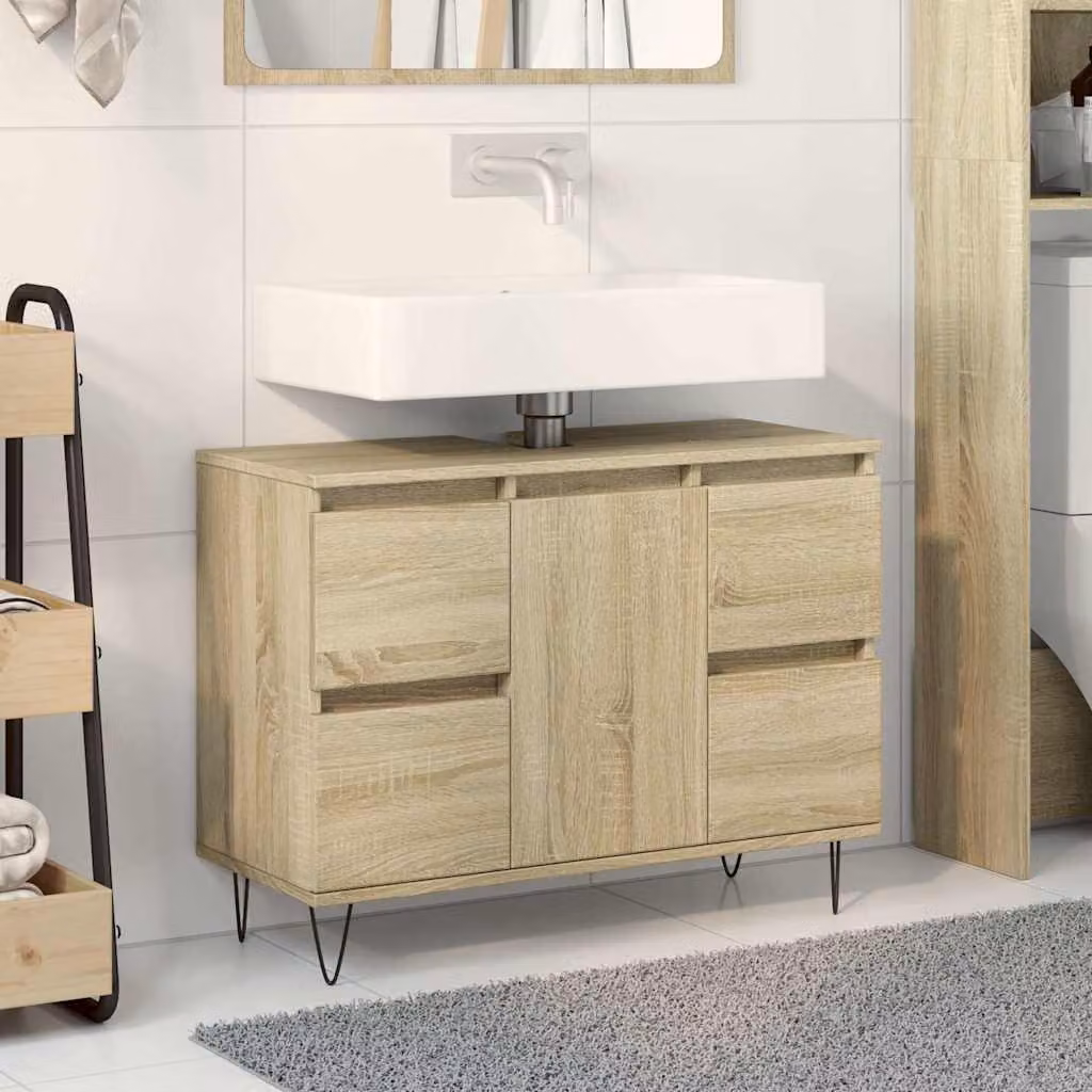 Mobile da bagno vidaXL in legno Rovere Sonoma, colore beige e marrone, con ante a battente e cassetti, L 80 cm x P 33 cm x H 60 cm