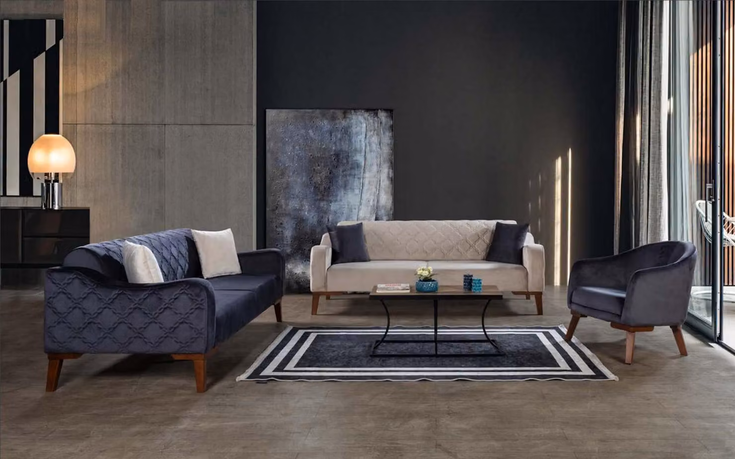 Wohnzimmer Sofagarnitur Sofa 3+3+1 Blaue Polster Garnituren Set Sessel Textil