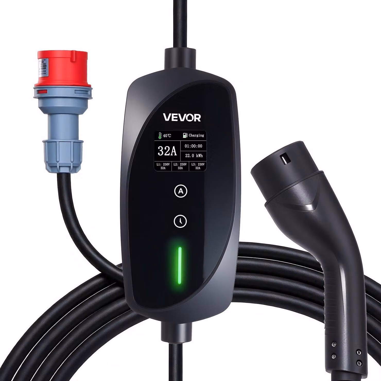 Wallbox mobile, 22 kW 32A, caricatore portatile per veicoli elettrici di tipo 2, caricatore trifase per veicoli elettrici con cavo di ricarica da 7 m, spina CEE32, schermo LCD, stazione di ricarica regolabile per veicoli elettrici, scatola di controllo IP