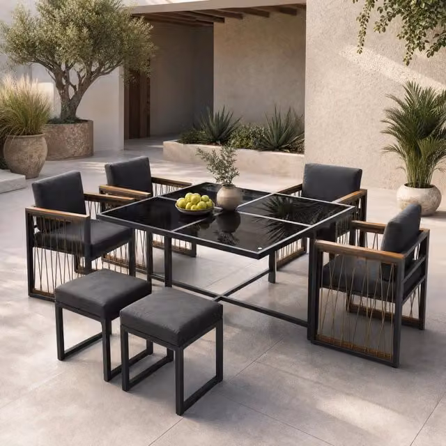 Set da pranzo da esterno 7 pezzi con tavolo 117x117 cm in vetro temperato nero e struttura in ferro
