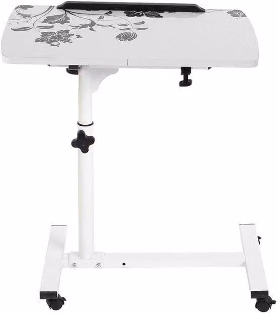 Tavolino accessorio con rotelle, bianco, regolabile in altezza, con ripiano per laptop.