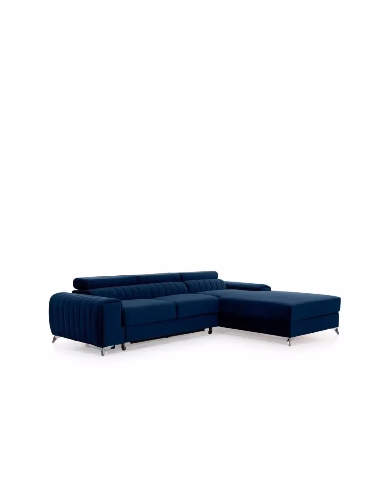 Divano angolare destro JAYSON MEUBLORAMA blu con chaise longue, convertibile con funzione letto, poggiatesta regolabile e struttura in legno massiccio, L 278 cm x P 205 cm x H 92 cm – 2