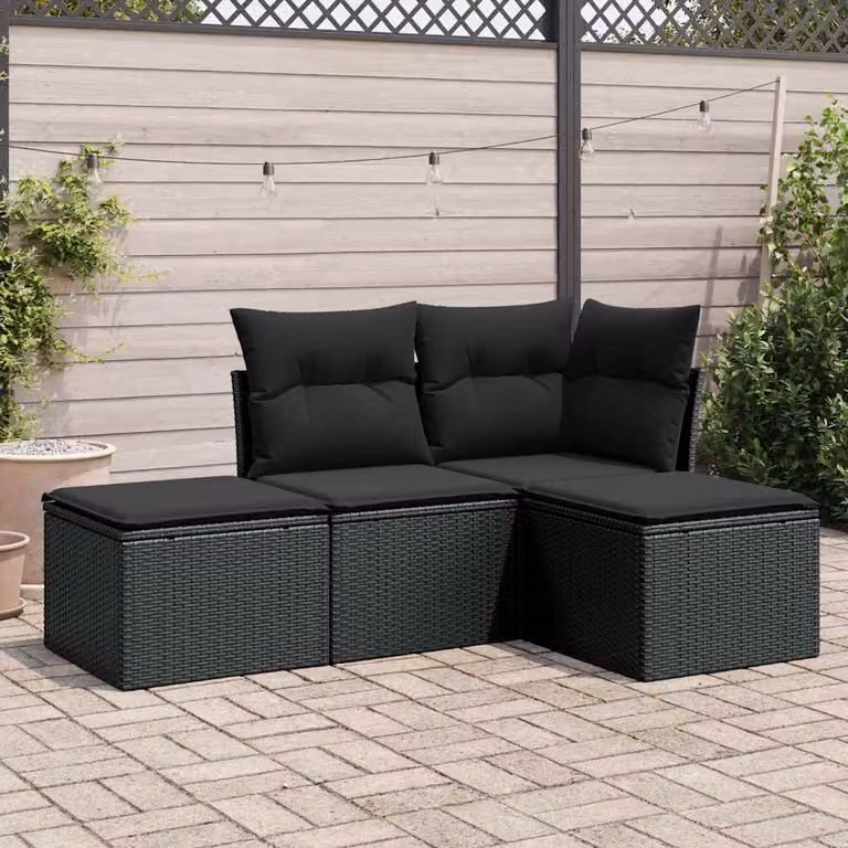 Set di Divani da Giardino vidaXL 4 posti a L con Cuscini Nero in Polyrattan e Acciaio