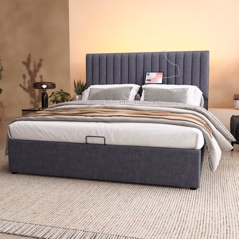 Letto imbottito STILVORA, 140x200 cm, matrimoniale con illuminazione LED e poggiatesta regolabile, letto per giovani con porta USB e connettore Type-C, colore grigio (senza materasso)