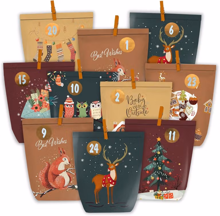 Calendario dell'Avvento da riempire: 24 sacchetti di carta da decorare personalmente per Natale. Sacchetti di carta per l'Avvento con adesivi numerati da posizionare