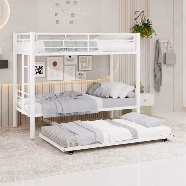 Letto a castello in metallo a 3 livelli con corrimano e scala antiscivolo; bianco; 90x190 cm; senza materasso
