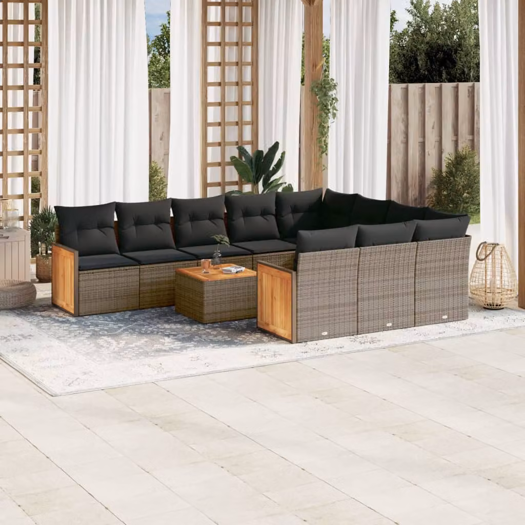 vidaXL Set Divani da Giardino 11 pz in Polyrattan Grigio con Cuscini e Tavolino da Esterno