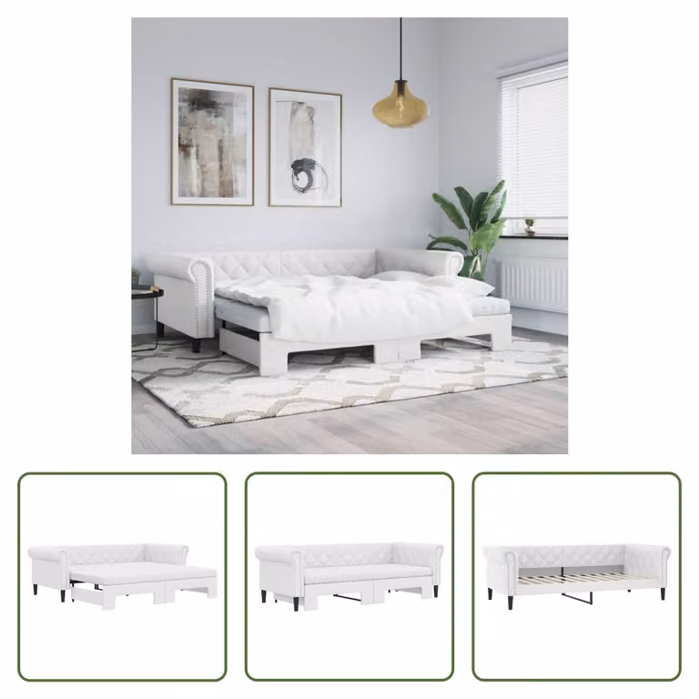 The Living Store Letto da giorno allungabile con materassi bianco 90x200 cm in ecopelle