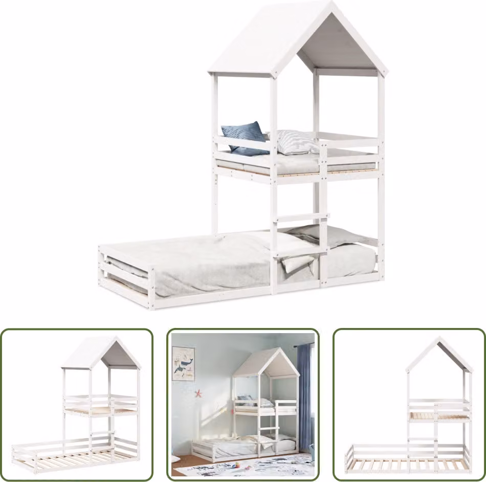 The Living Store Letto a castello con tetto bianco 90x200 cm in legno di pino massiccio