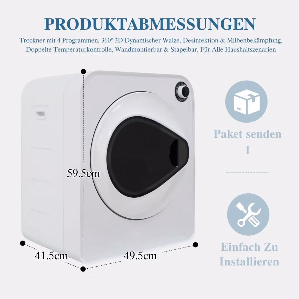 Asciugabiancheria Minimal bianco con 4 programmi, tecnologia PTC, in acciaio e plastica, montabile a parete o impilabile, capacità 3/4kg – 2