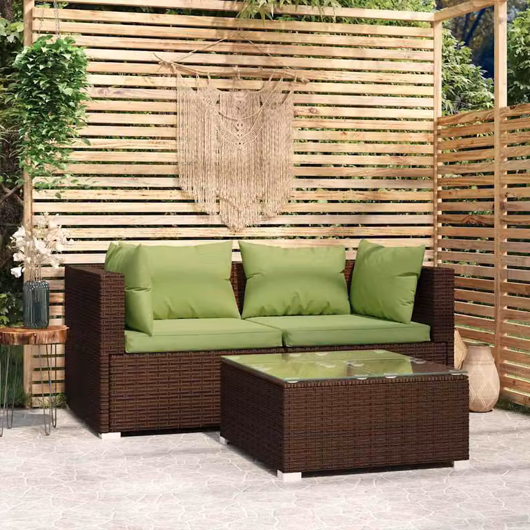 Set di mobili da giardino vidaXL composto da 3 pezzi in polyrattan marrone con cuscini verdi