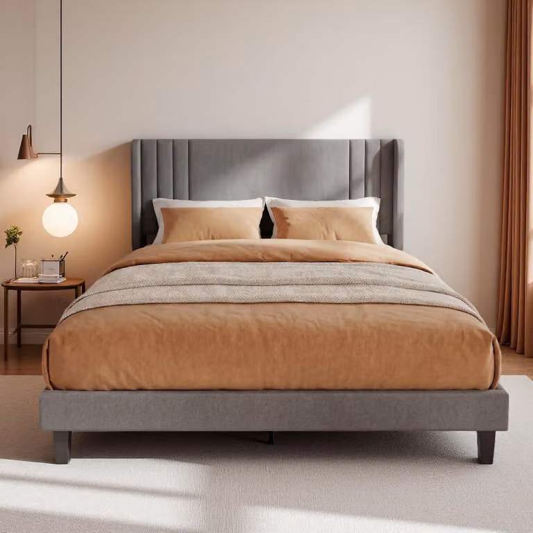 Letto imbottito ProximaX 140x200 cm, letto in tessuto grigio con testiera ad ali, robusta struttura con rete a doghe in legno, vano portaoggetti da 15 cm sotto il letto, silenzioso e stabile, facile da montare per la camera da letto