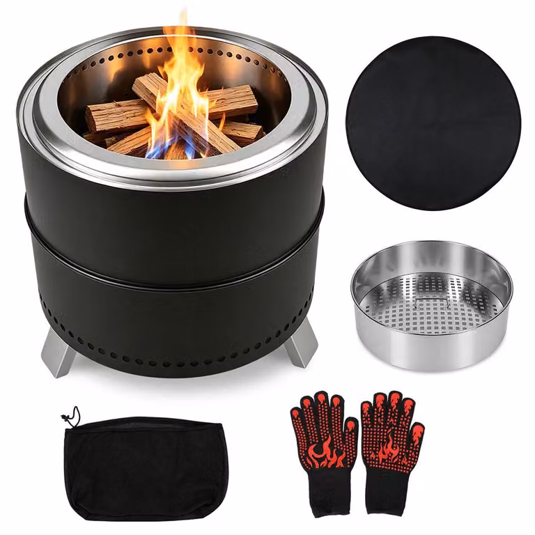 Ikodm, braciere senza fumo, diametro 49,5 cm, realizzato in acciaio inossidabile 201, a doppia parete, con rivestimento resistente alle alte temperature, include tappetino protettivo e guanti. Colore: nero