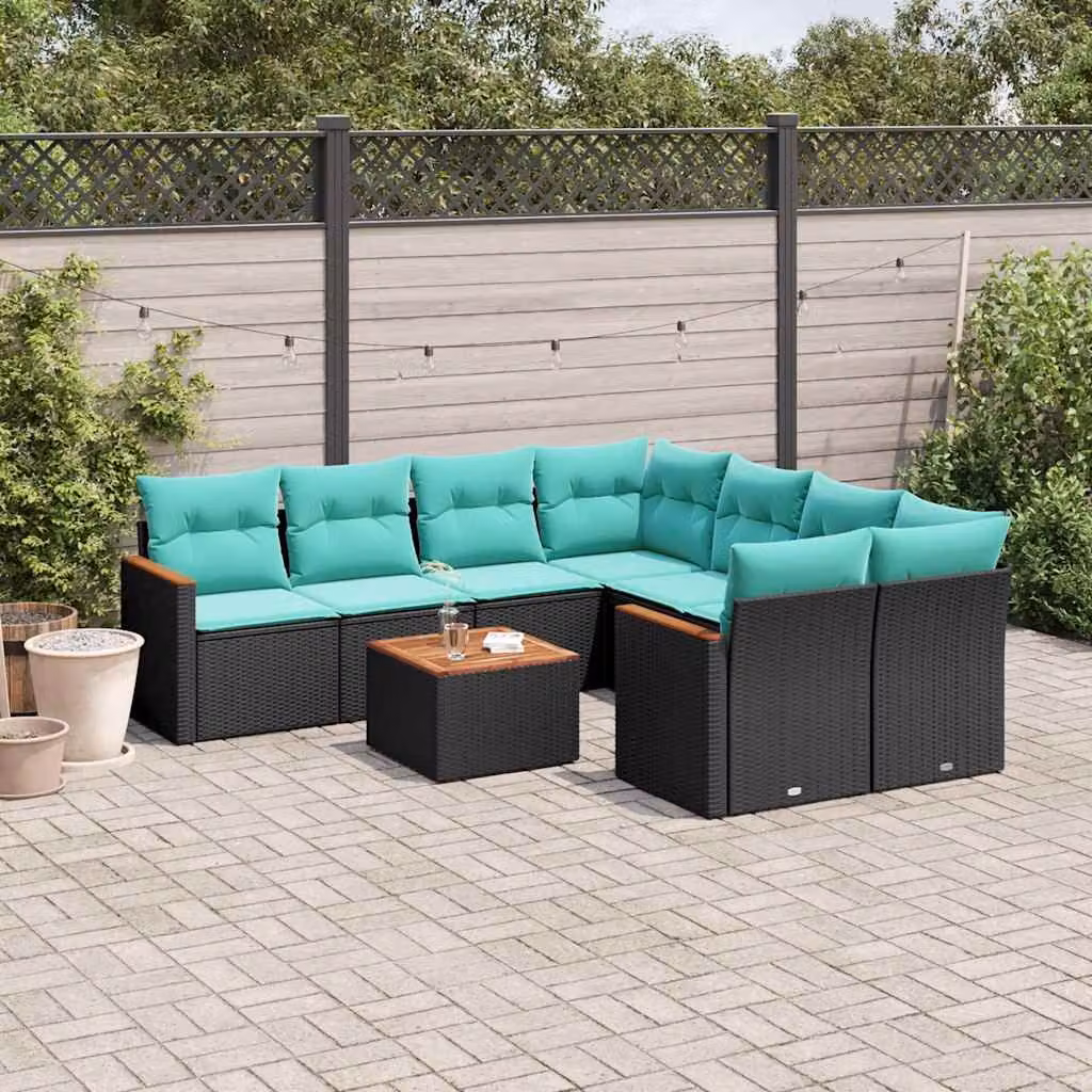 Set Divani da Giardino vidaXL 9 pz a Forma a L con Tavolino e Cuscini, Polyrattan e Metallo, Colore Nero, Blu e Turchese