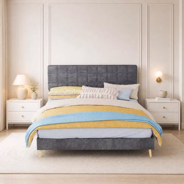 Letto matrimoniale 160 × 200 cm in velluto grigio con testiera imbottita a quadri e struttura in legno