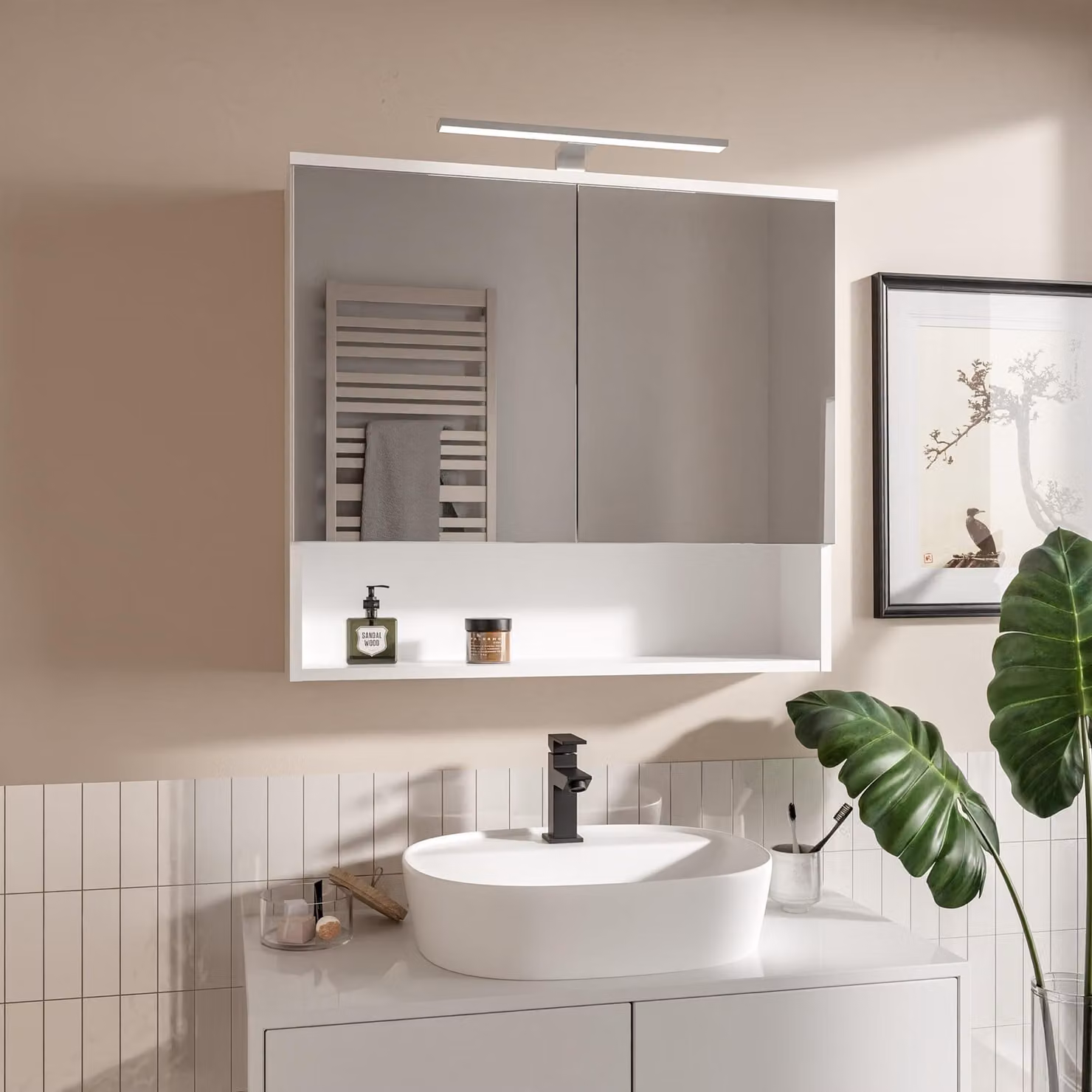 HAJDUK FURNITURE Armadietto Bagno con Specchio 78x70 cm Bianco con LED 4000K IP44 Mobile Pensile 2 Ante e Ripiano Apertura Senza Maniglie
