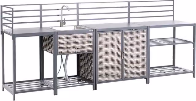 Set cucina da esterno Beliani in alluminio e rattan PE grigio con lavello e 4 elementi