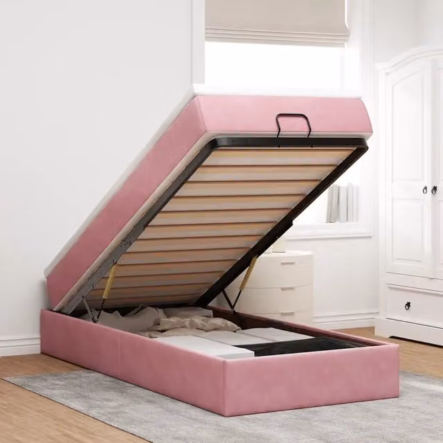 Letto con contenitore a sollevamento vidaXL in velluto rosa e bianco, L/P/H: 190 x 90 x 23,5 cm