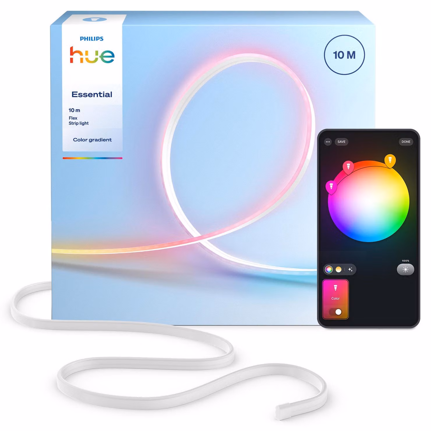 Philips Striscia luminosa Hue Essential flex 10 m, Striscia luminosa smart, Bluetooth/Zigbee, Multicolore, Silicone, Altro, 39,5 W