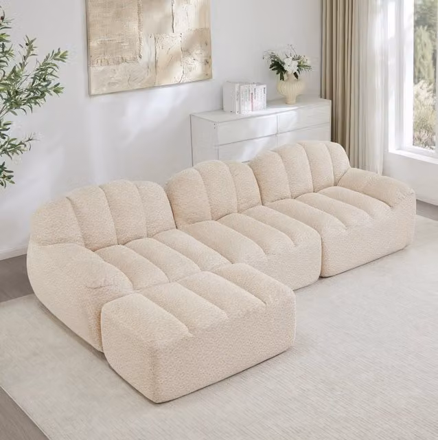 Divano modulare angolare 3 posti con pouf; 288x165x79 cm in fleece granulato beige bianco