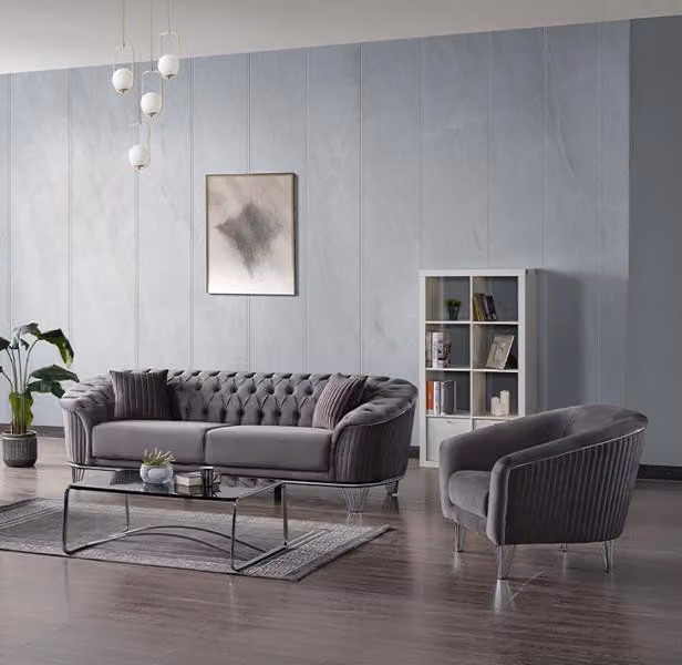 Sofagarnitur Wohnzimmer Dreisitzer Grau Couch Set Sofa 3 Sitzer Luxus Sessel