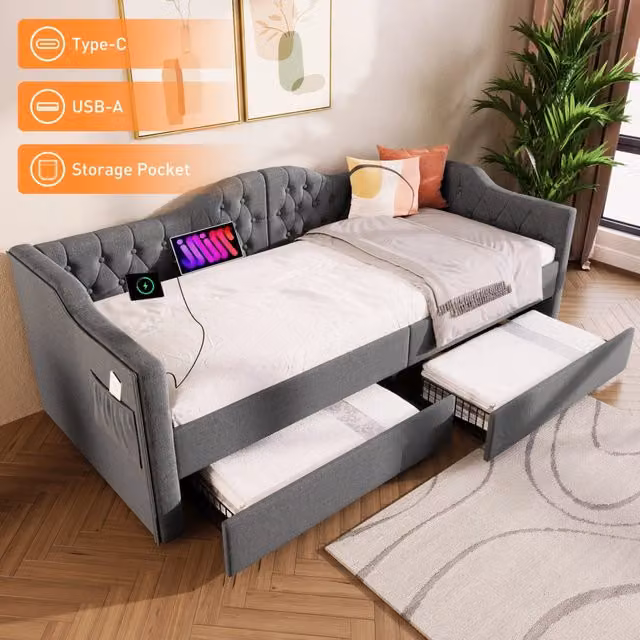 Letto daybed funzione divano con stoccaggio e ricarica USB tipo C in lino grigio 90x200 cm