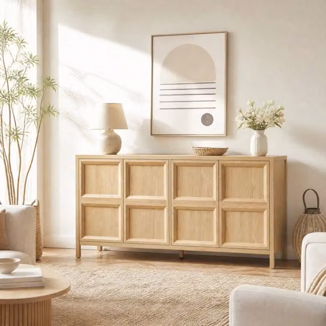 Madia Mivray moderna in MDF color rovere e beige con ante Tip-On e chiusura soft-close, L: 160 cm, P: 40 cm, H: 80 cm