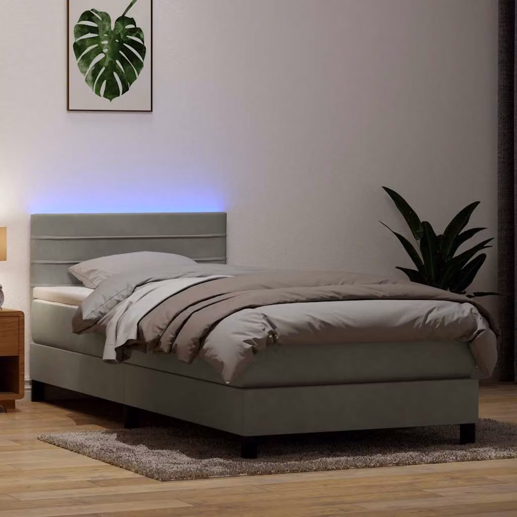 Letto a Molle con Materasso Ibrido vidaXL in Velluto Grigio Chiaro con Illuminazione LED e Porte USB L/P/H: 90 x 220 x 88 cm