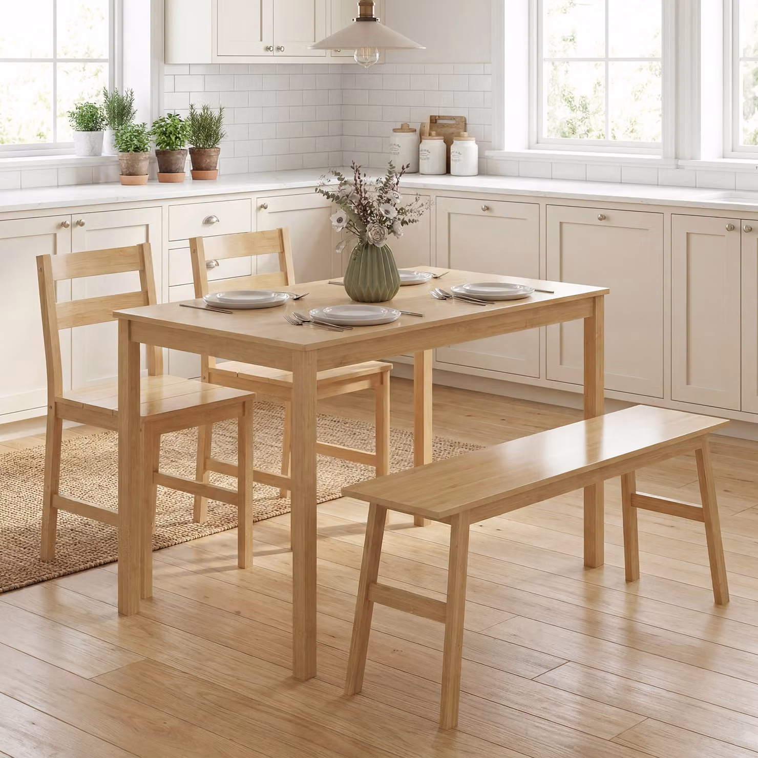 Set da pranzo HOMCOM in bambù con tavolo rettangolare, 2 sedie e panca per 4 persone, stile scandinavo, colore beige e marrone – 2
