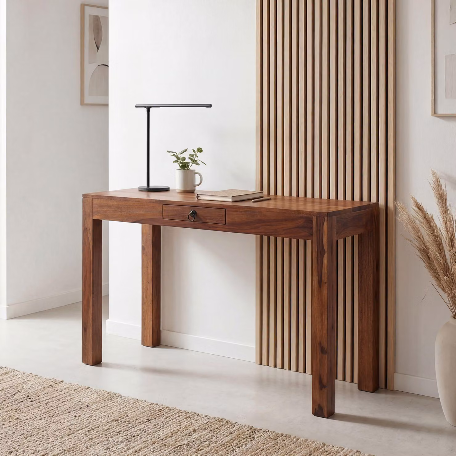 FineBuy scrivania 118x40x76 cm in legno massello di sheesham scrivania per computer con cassetto scrivania per ufficio casa tavolo in legno massiccio stretto e salvaspazio