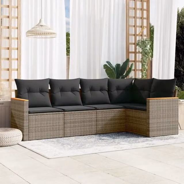 Set Divano da Giardino 5 pz con Cuscini-Sofa da Giardino-Divanetto da esterno Grigio in Polyrattan 596351