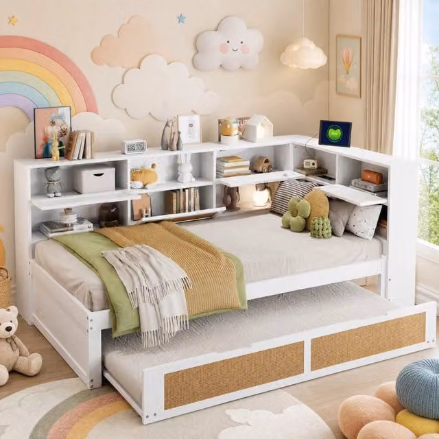 Letto Mivray con letto estraibile e vani contenitore, colore bianco, con porta USB, dimensioni: 90 x 200 cm e secondo letto 90 x 190 cm