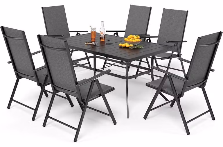 Set di mobili da giardino: tavolo da balcone con 6 sedie, dimensioni 152x90 cm, metallo, resistente alle intemperie, colore nero