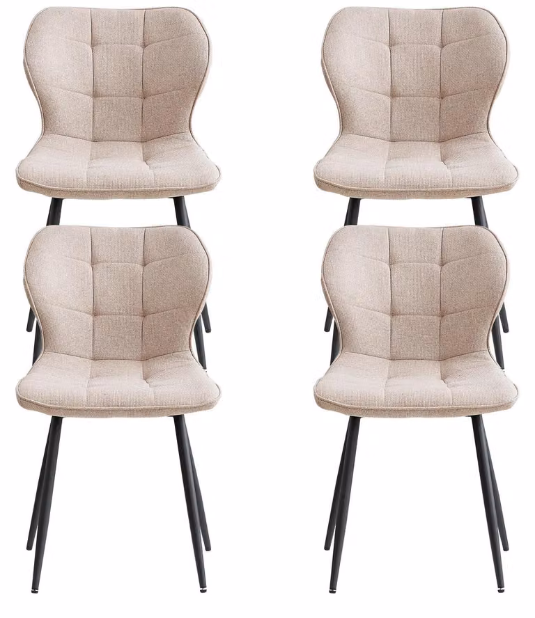 Sedie da pranzo - Set da 4 - Seduta imbottita e capitonata - Rivestimento in tessuto - Gambe in metallo nero - Senza braccioli - Beige