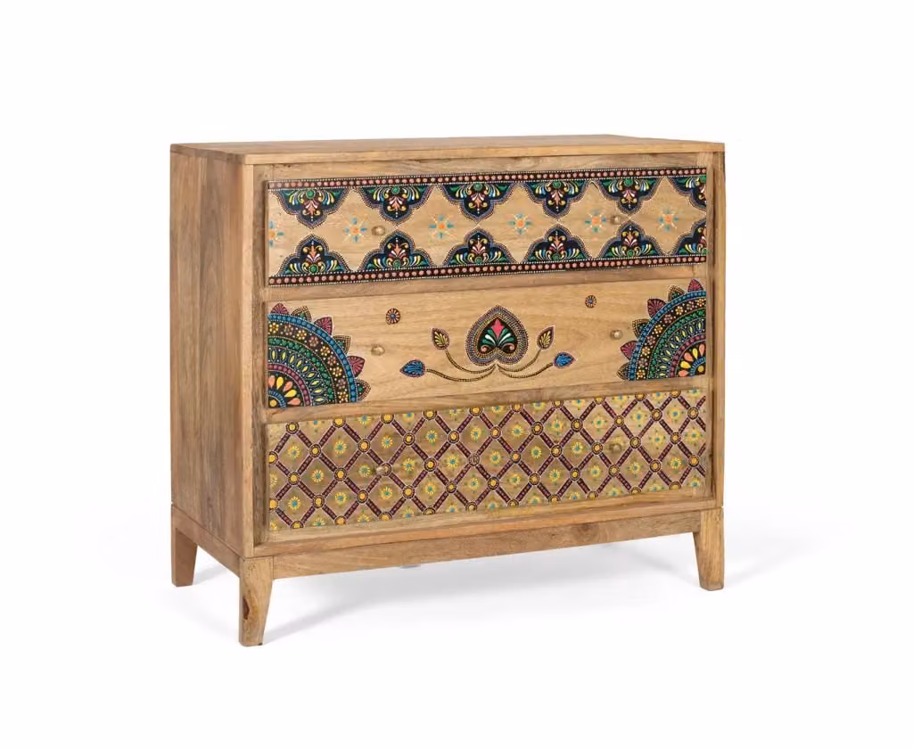 Cassettiera etnica in legno di mango con dettagli floreali multicolore Giner Y Colomer – 2
