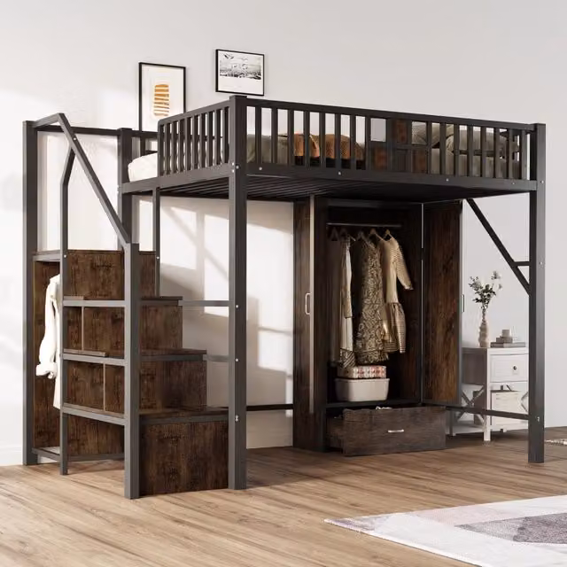 Letto a soppalco 140 × 200 cm con armadio, cassetto e scala contenitore, senza materasso, metallo e legno nero