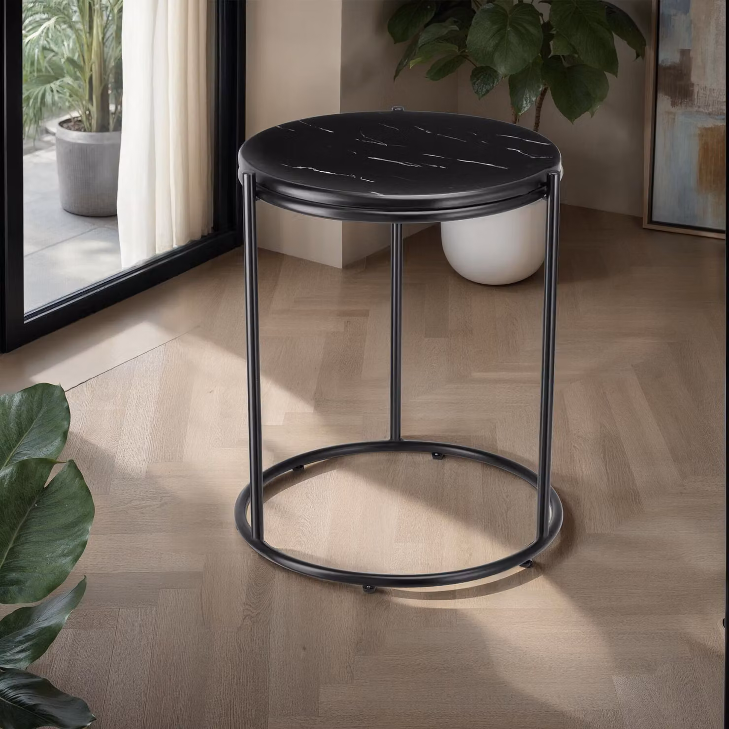 Tavolino rotondo Tectake Ellsa con piano effetto marmo e telaio in metallo nero opaco – 2