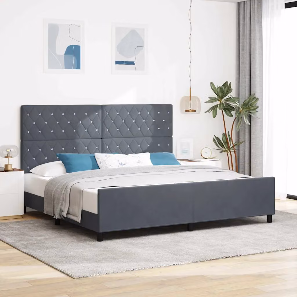 Letto a molle con testiera vidaXL in velluto grigio, L/P/H: 200 x 200 x 128 cm