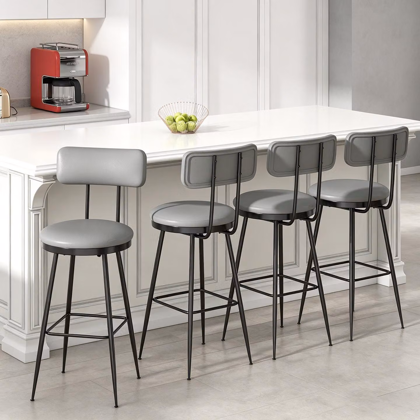 Set di 4 sgabelli da bar INONEFT con schienale, sedie da cucina in stile industriale con poggiapiedi, rivestimento in PU, stile mid-century modern, colore grigio