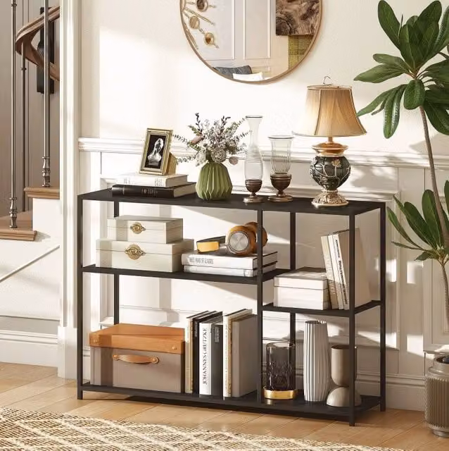 Tavolo consolle in acciaio nero con ripiani sfalsati, 110 x 30 x 75 cm