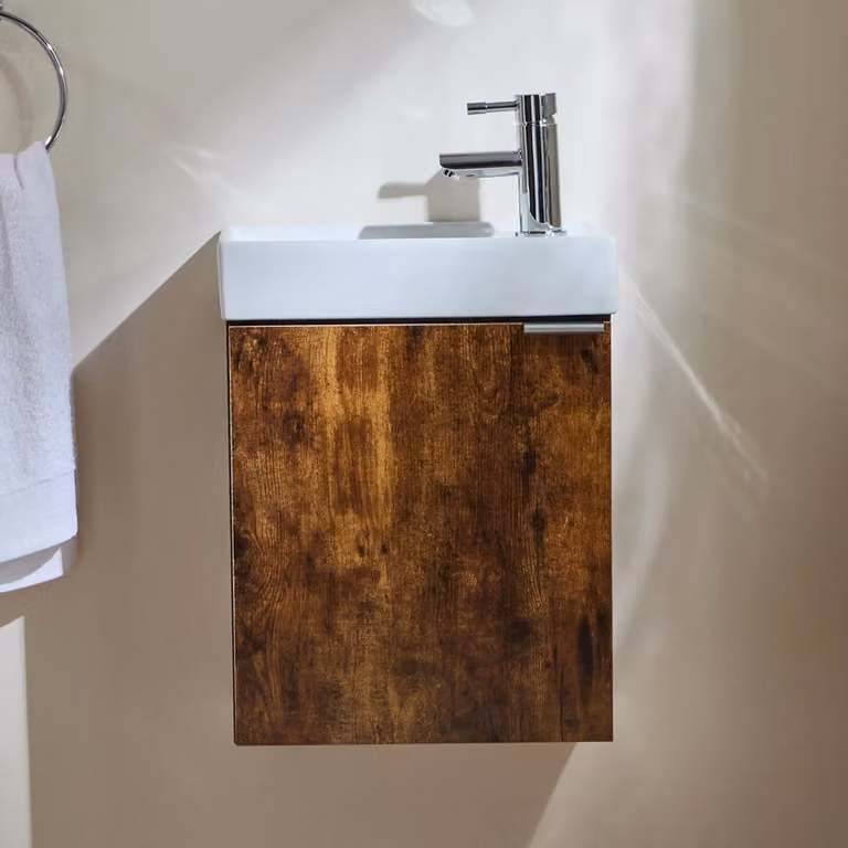 Mobile Bagno Rovere Scuro Sospeso da 400mm con Lavabo e Maniglia con Impugnatura a Dito Cromata - Cluo