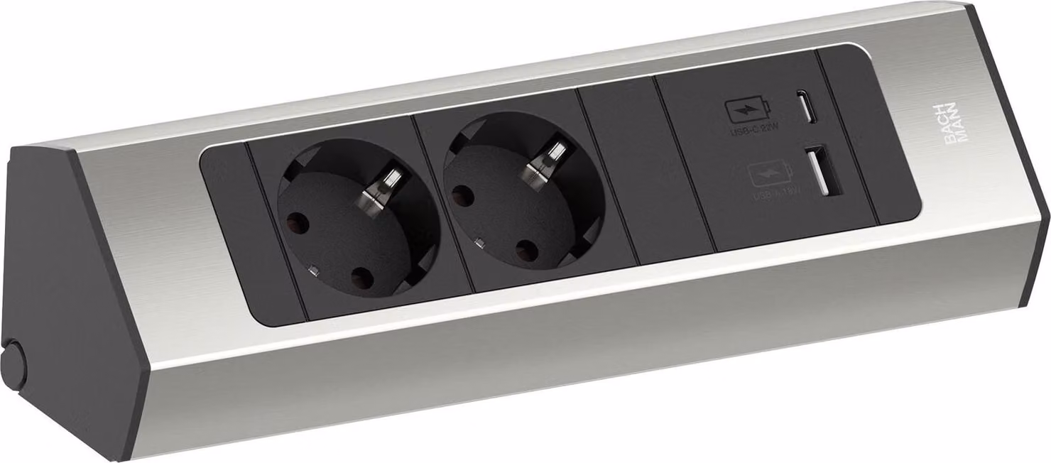 Prolunga, BACHMANN, modello CASIA 2 2xCEE7/3 1xUSB A/C 22W 2,0m AEH aspetto acciaio inox