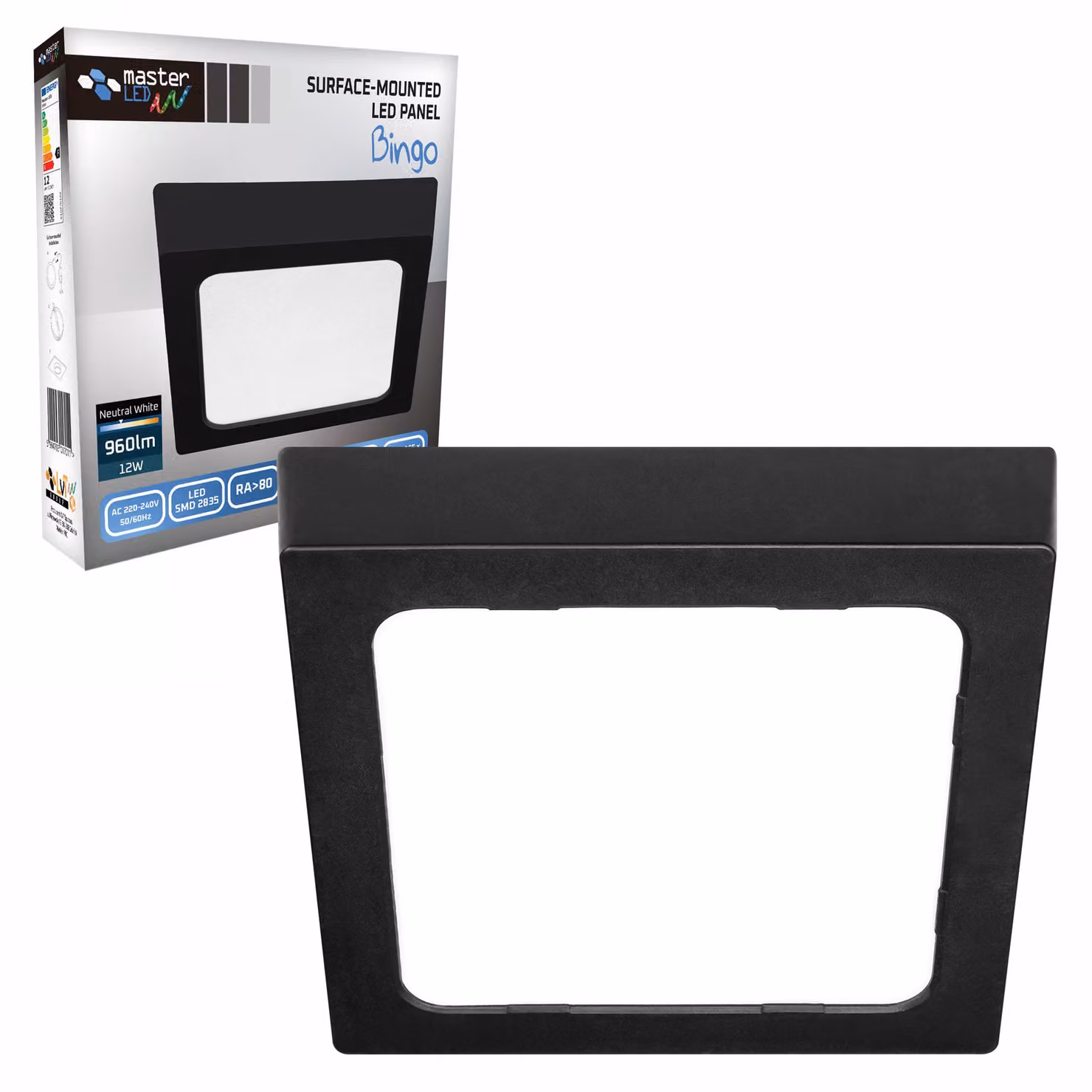MasterLED Pannello LED 12 W quadrato nero, 4000 K bianco neutro, 960 lm, plafoniera a vista